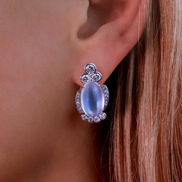 18k White Gold Moonstone and Diamond Earrings - Picture 2 of 3